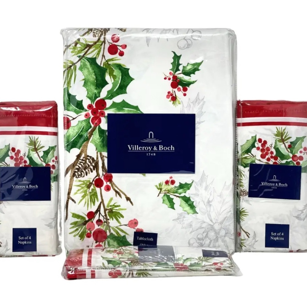 Villeroy & Boch 60 x 120 Perfect Holly Christmas Tablecloth & 12 Napkins Set NEW